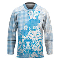 Blue Palaka Hawaiian And Japanese Hockey Jersey Maneki Neko And Sakura Bloom DT05 Unisex Blue - Polynesian Pride