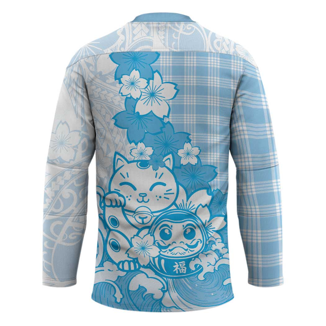 Blue Palaka Hawaiian And Japanese Hockey Jersey Maneki Neko And Sakura Bloom DT05 - Polynesian Pride