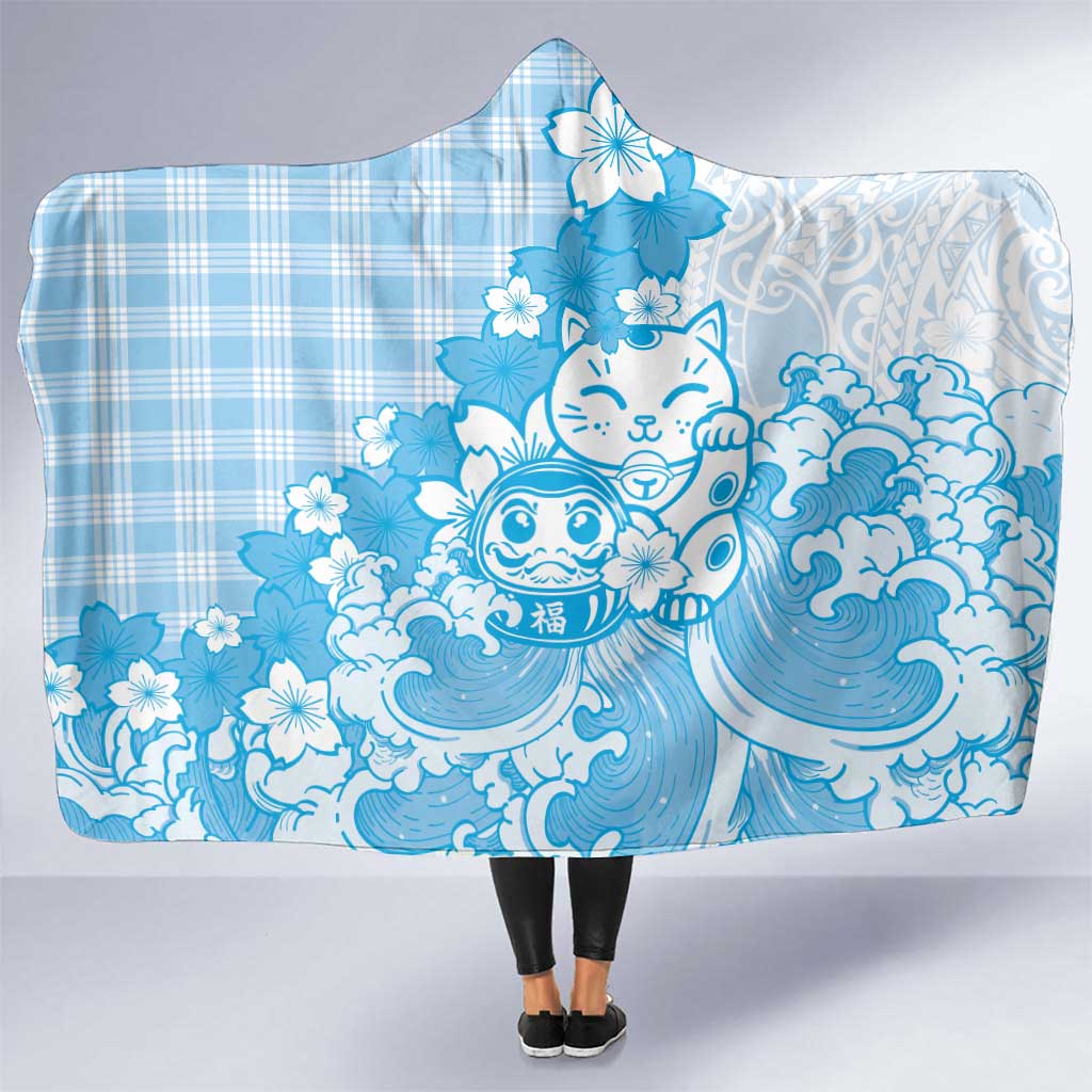 Blue Palaka Hawaiian And Japanese Hooded Blanket Maneki Neko And Sakura Bloom