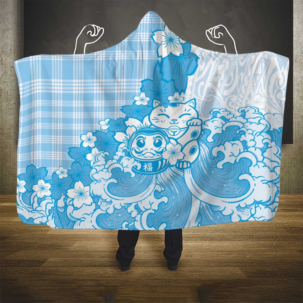 Blue Palaka Hawaiian And Japanese Hooded Blanket Maneki Neko And Sakura Bloom