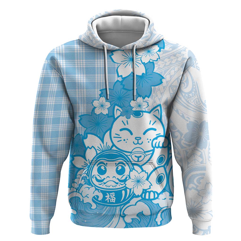 Blue Palaka Hawaiian And Japanese Hoodie Maneki Neko And Sakura Bloom