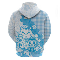 Blue Palaka Hawaiian And Japanese Hoodie Maneki Neko And Sakura Bloom