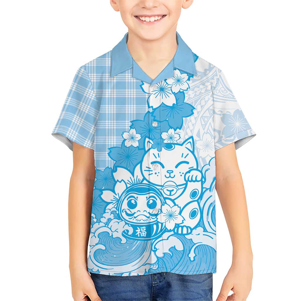 Blue Palaka Hawaiian And Japanese Kid Hawaiian Shirt Maneki Neko And Sakura Bloom DT05 Kid Blue - Polynesian Pride