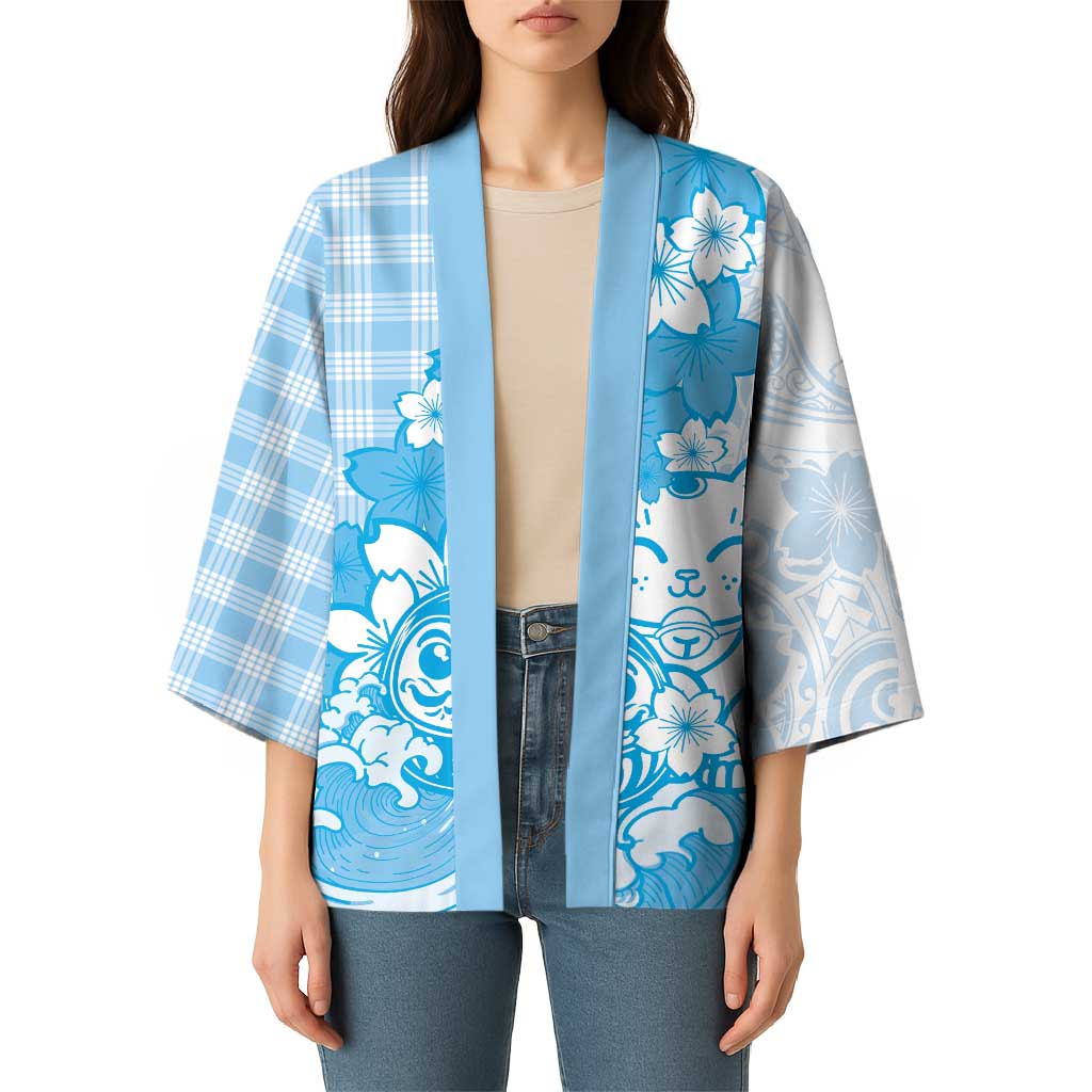 Blue Palaka Hawaiian And Japanese Kimono Maneki Neko And Sakura Bloom