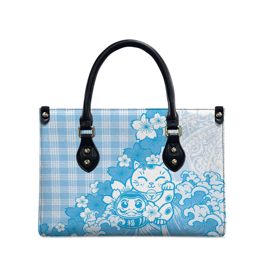 Blue Palaka Hawaiian And Japanese Leather Bag Maneki Neko And Sakura Bloom