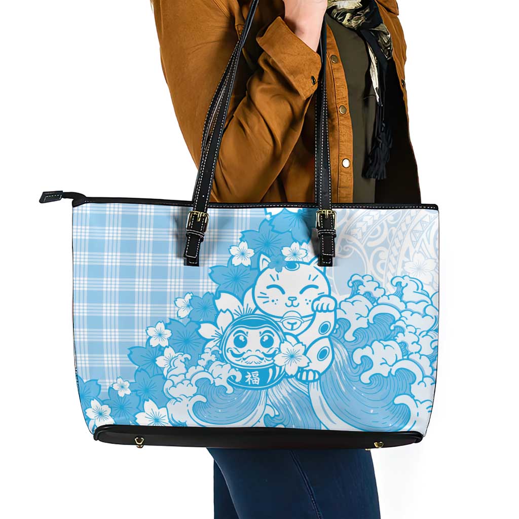 Blue Palaka Hawaiian And Japanese Leather Tote Bag Maneki Neko And Sakura Bloom