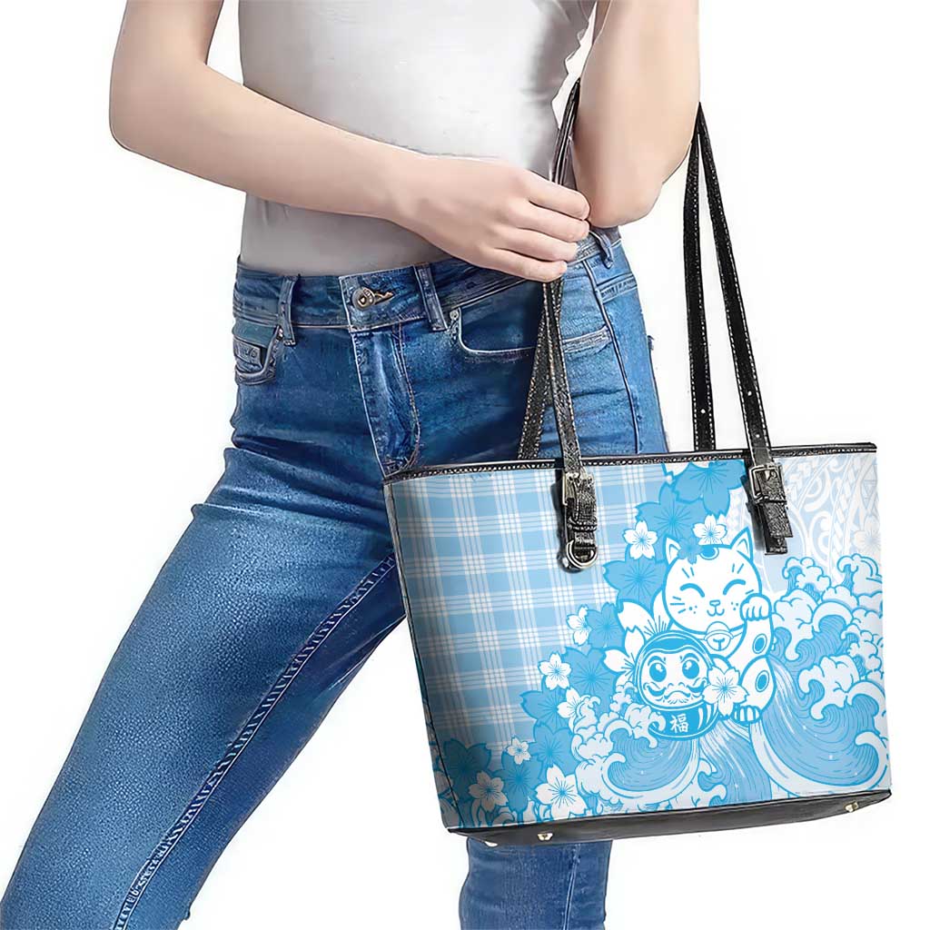 Blue Palaka Hawaiian And Japanese Leather Tote Bag Maneki Neko And Sakura Bloom