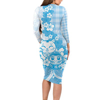 Blue Palaka Hawaiian And Japanese Long Sleeve Bodycon Dress Maneki Neko And Sakura Bloom