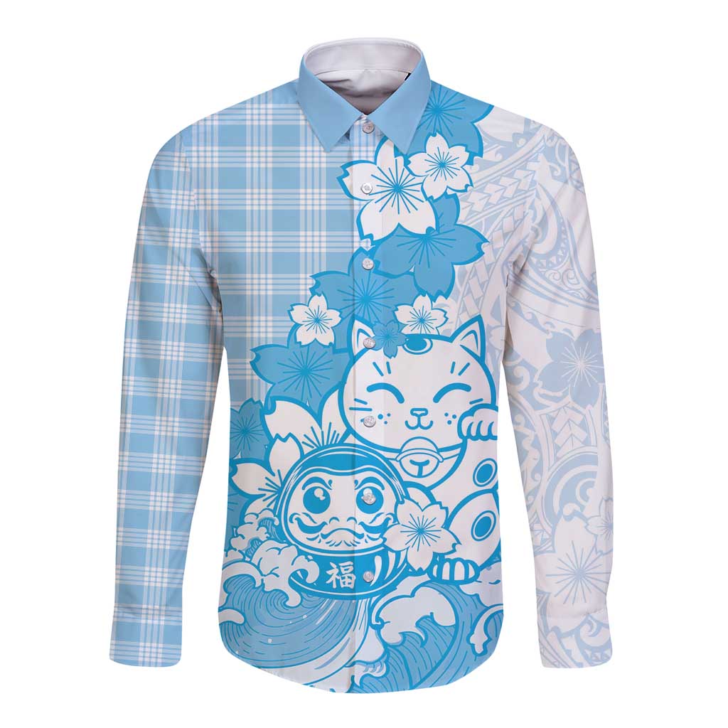 Blue Palaka Hawaiian And Japanese Long Sleeve Button Shirt Maneki Neko And Sakura Bloom