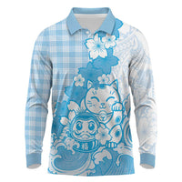 Blue Palaka Hawaiian And Japanese Long Sleeve Polo Shirt Maneki Neko And Sakura Bloom