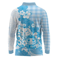 Blue Palaka Hawaiian And Japanese Long Sleeve Polo Shirt Maneki Neko And Sakura Bloom