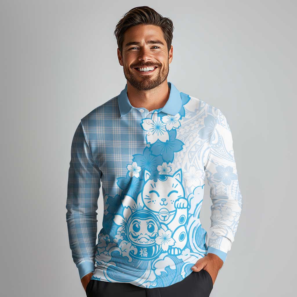 Blue Palaka Hawaiian And Japanese Long Sleeve Polo Shirt Maneki Neko And Sakura Bloom