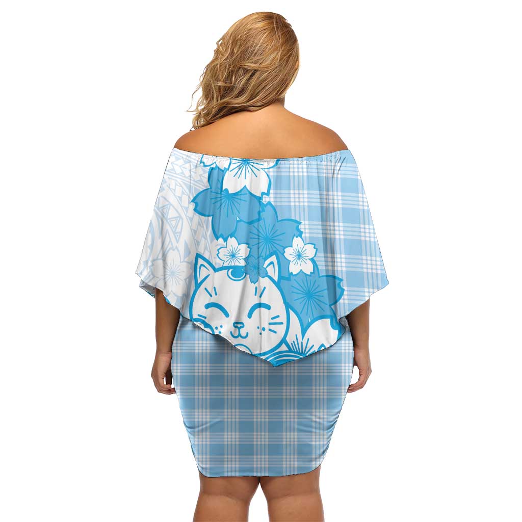 Blue Palaka Hawaiian And Japanese Off Shoulder Short Dress Maneki Neko And Sakura Bloom