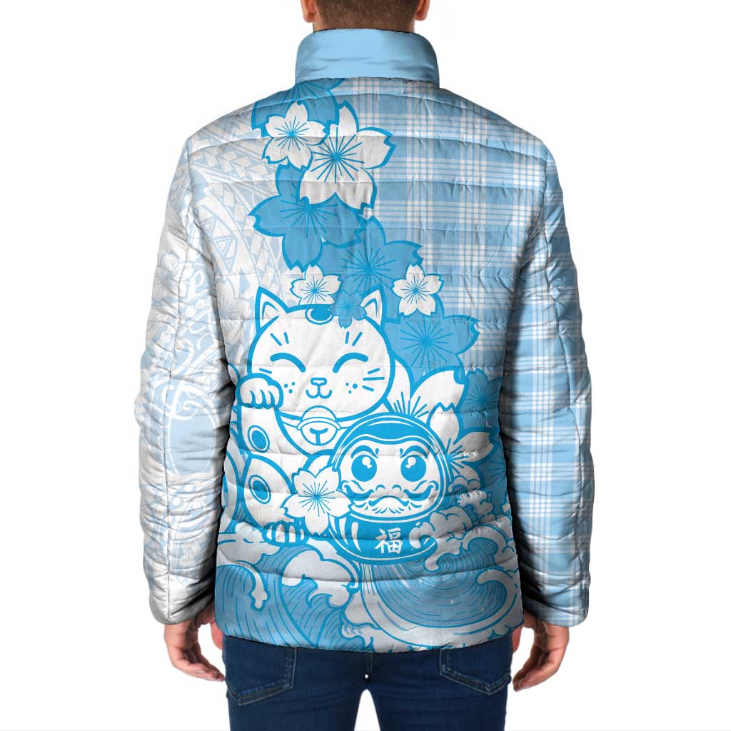 Blue Palaka Hawaiian And Japanese Padded Jacket Maneki Neko And Sakura Bloom