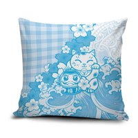 Blue Palaka Hawaiian And Japanese Pillow Cover Maneki Neko And Sakura Bloom