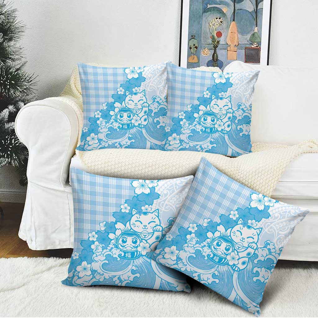 Blue Palaka Hawaiian And Japanese Pillow Cover Maneki Neko And Sakura Bloom