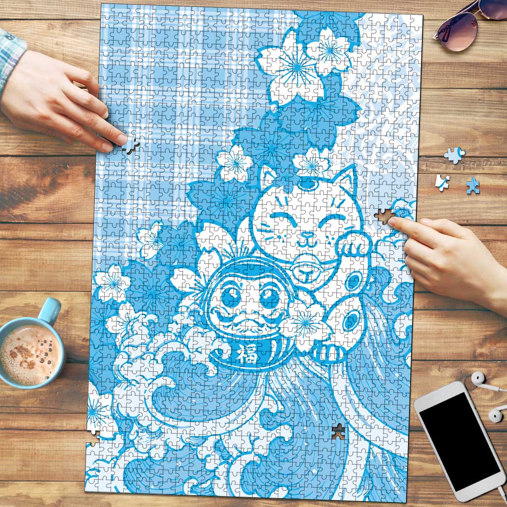 Blue Palaka Hawaiian And Japanese Puzzle Maneki Neko And Sakura Bloom DT05 Blue - Polynesian Pride