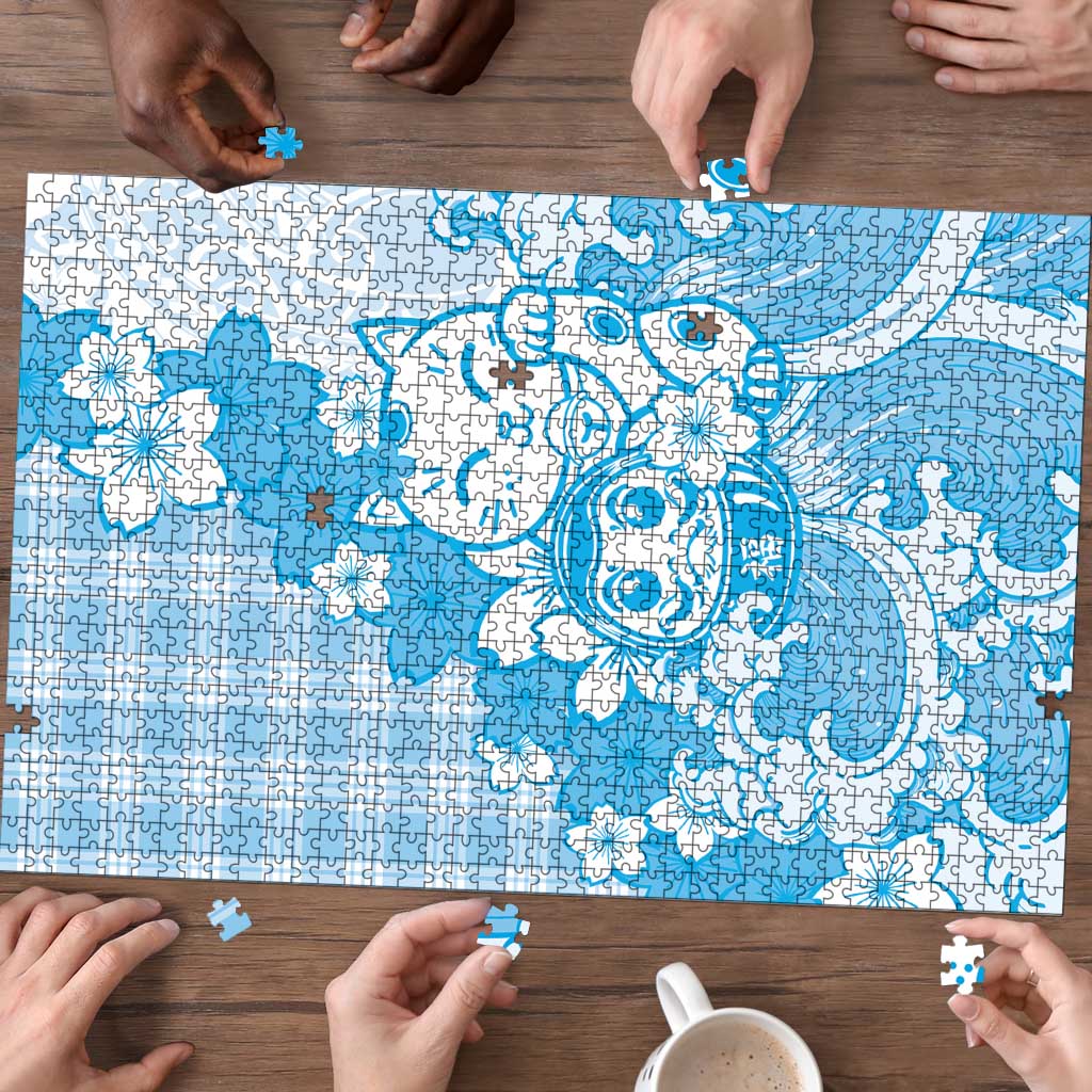 Blue Palaka Hawaiian And Japanese Puzzle Maneki Neko And Sakura Bloom DT05 - Polynesian Pride