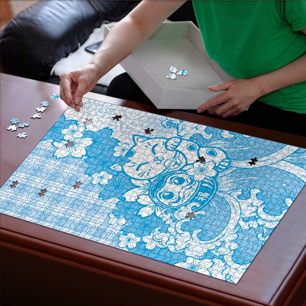 Blue Palaka Hawaiian And Japanese Puzzle Maneki Neko And Sakura Bloom DT05 - Polynesian Pride