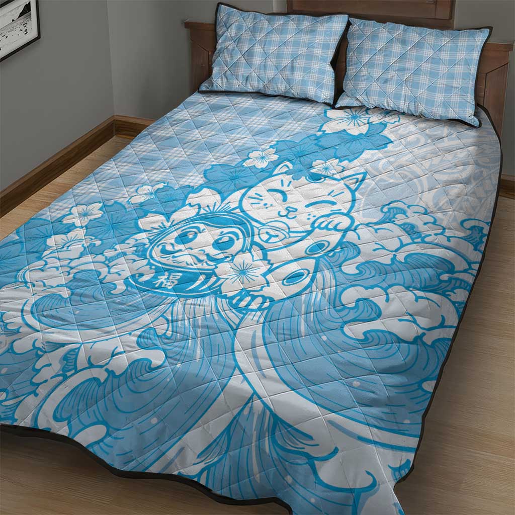 Blue Palaka Hawaiian And Japanese Quilt Bed Set Maneki Neko And Sakura Bloom