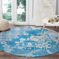 Blue Palaka Hawaiian And Japanese Round Carpet Maneki Neko And Sakura Bloom