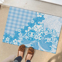 Blue Palaka Hawaiian And Japanese Rubber Doormat Maneki Neko And Sakura Bloom