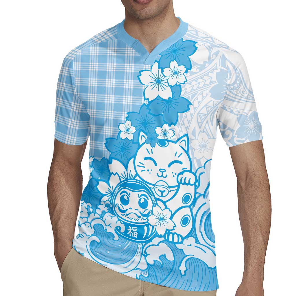 Blue Palaka Hawaiian And Japanese Rugby Jersey Maneki Neko And Sakura Bloom