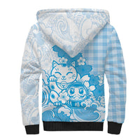 Blue Palaka Hawaiian And Japanese Sherpa Hoodie Maneki Neko And Sakura Bloom
