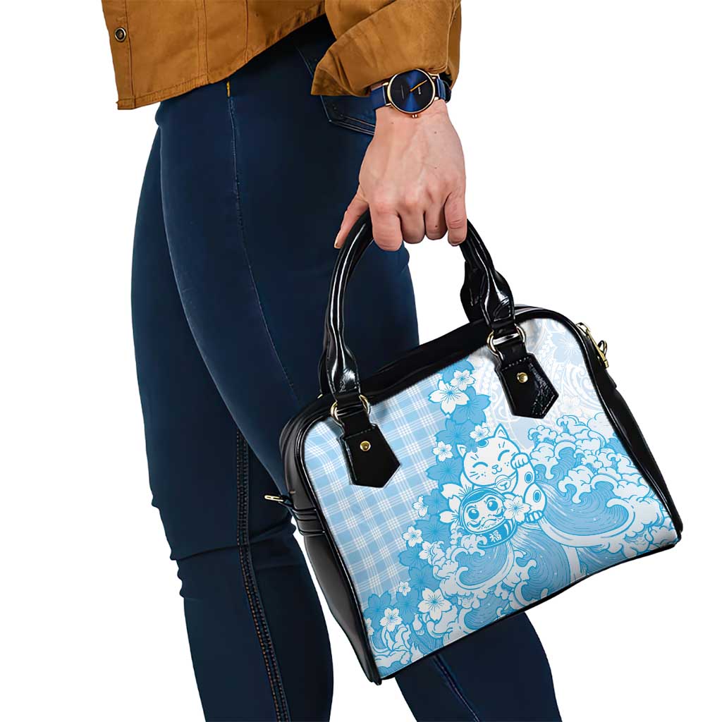 Blue Palaka Hawaiian And Japanese Shoulder Handbag Maneki Neko And Sakura Bloom DT05 - Polynesian Pride