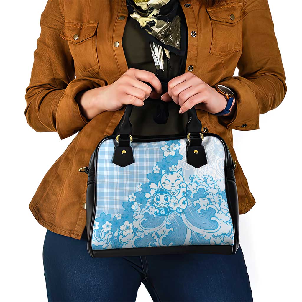 Blue Palaka Hawaiian And Japanese Shoulder Handbag Maneki Neko And Sakura Bloom DT05 - Polynesian Pride