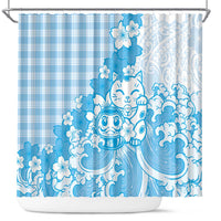 Blue Palaka Hawaiian And Japanese Shower Curtain Maneki Neko And Sakura Bloom