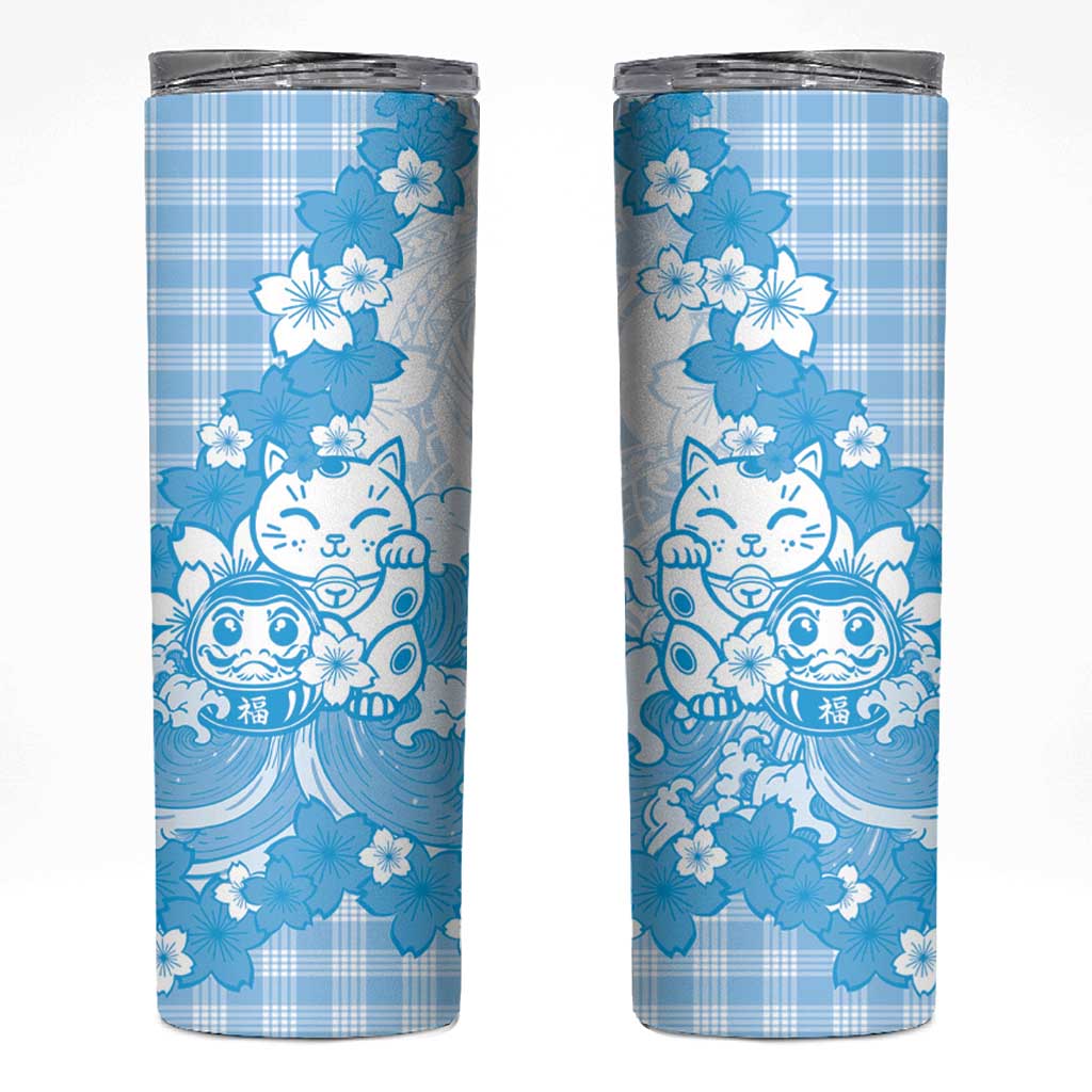 Blue Palaka Hawaiian And Japanese Skinny Tumbler Maneki Neko And Sakura Bloom DT05 Blue - Polynesian Pride