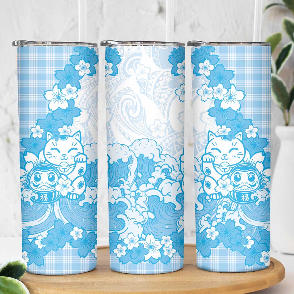 Blue Palaka Hawaiian And Japanese Skinny Tumbler Maneki Neko And Sakura Bloom DT05 - Polynesian Pride