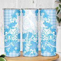 Blue Palaka Hawaiian And Japanese Skinny Tumbler Maneki Neko And Sakura Bloom DT05 - Polynesian Pride