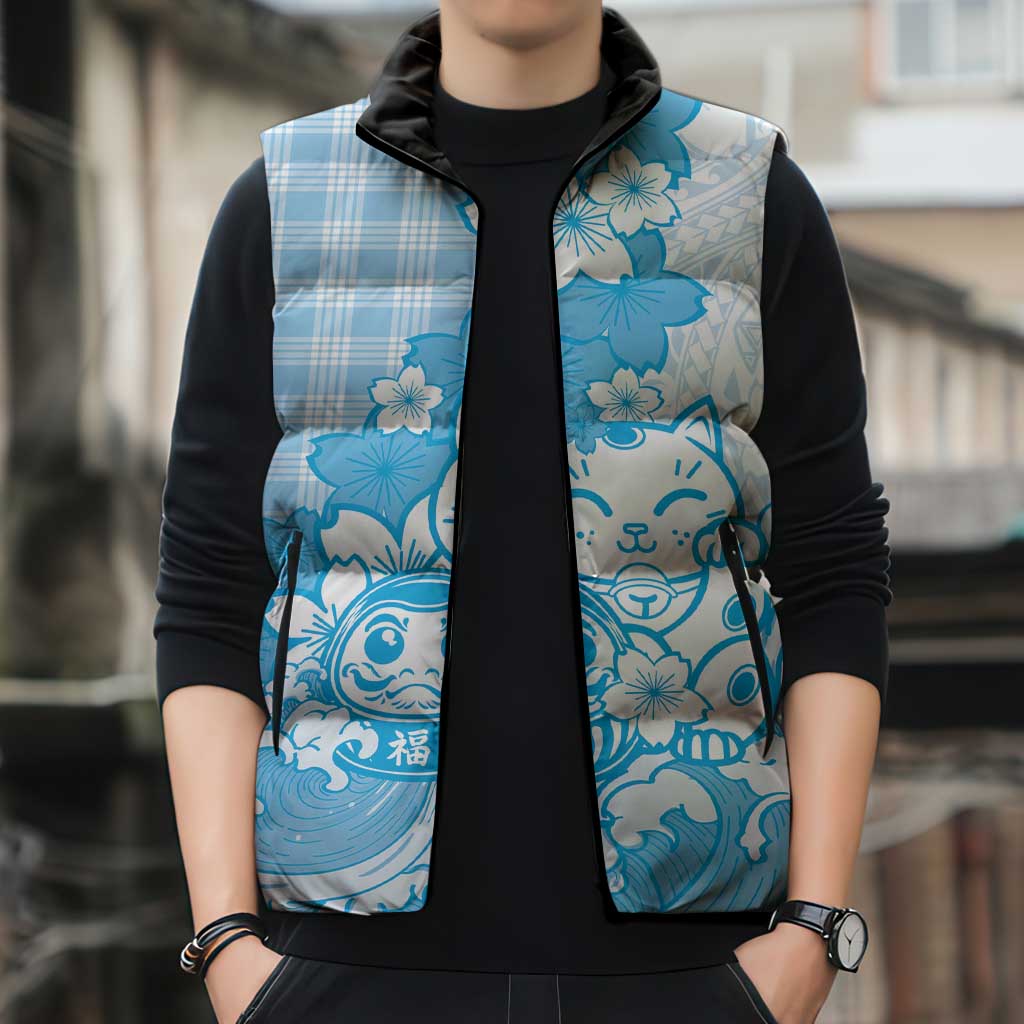 Blue Palaka Hawaiian And Japanese Sleeveless Puffer Jacket Maneki Neko And Sakura Bloom