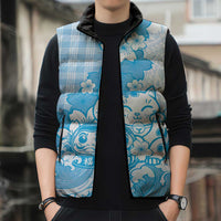 Blue Palaka Hawaiian And Japanese Sleeveless Puffer Jacket Maneki Neko And Sakura Bloom