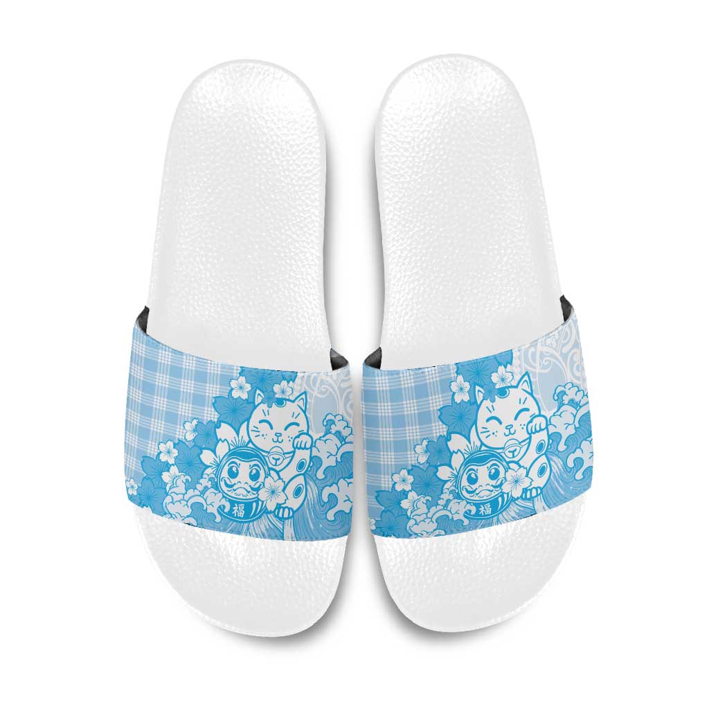 Blue Palaka Hawaiian And Japanese Slide Sandals Maneki Neko And Sakura Bloom