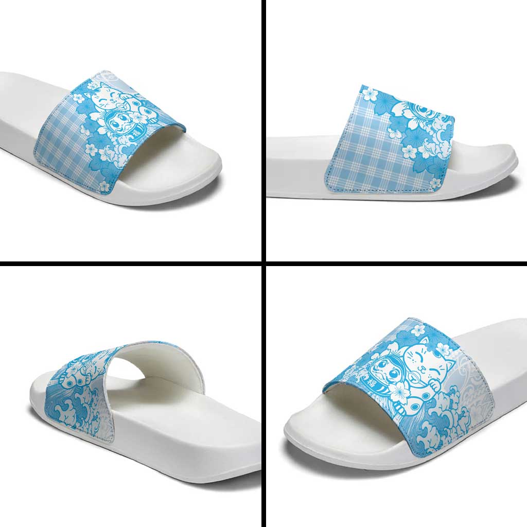 Blue Palaka Hawaiian And Japanese Slide Sandals Maneki Neko And Sakura Bloom