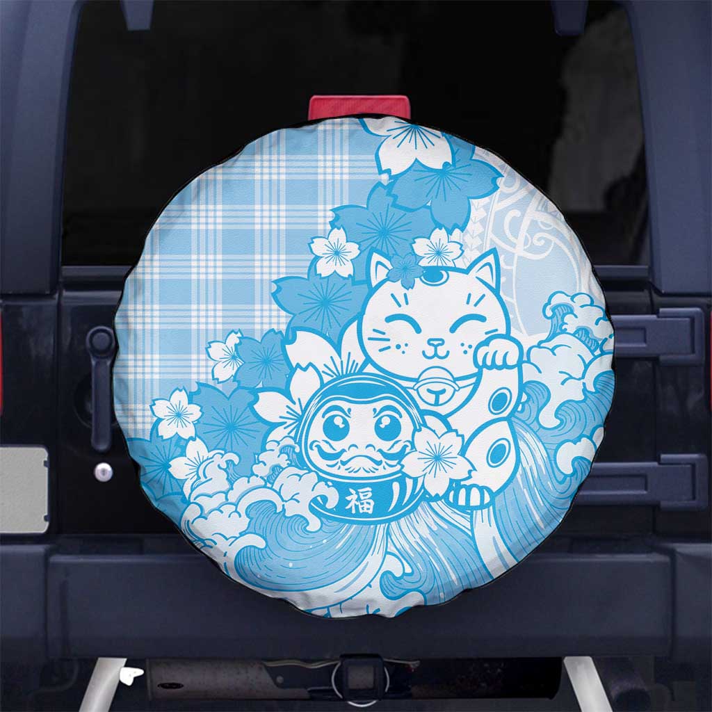 Blue Palaka Hawaiian And Japanese Spare Tire Cover Maneki Neko And Sakura Bloom