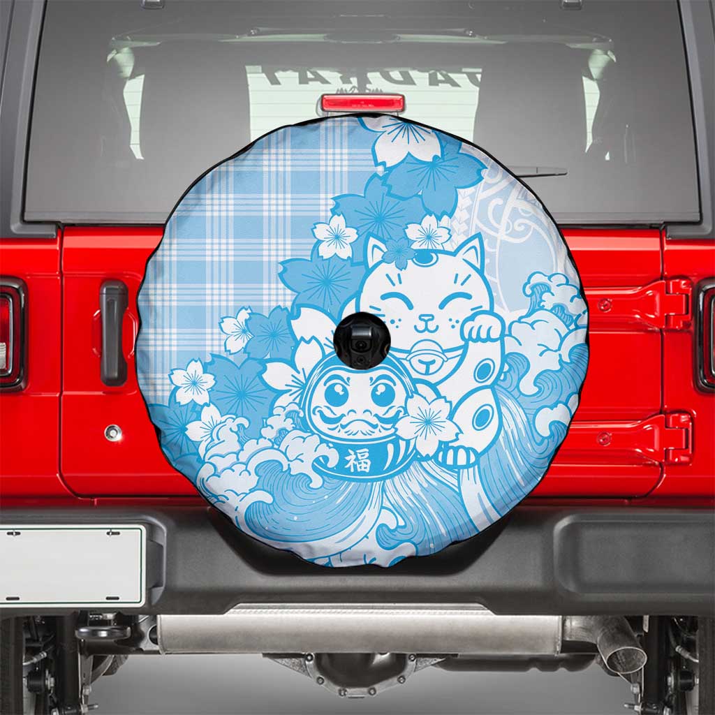 Blue Palaka Hawaiian And Japanese Spare Tire Cover Maneki Neko And Sakura Bloom