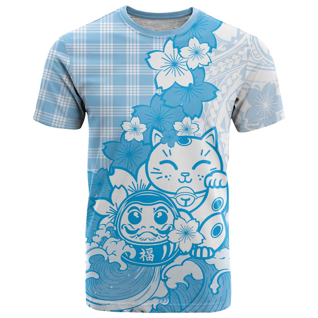 Blue Palaka Hawaiian And Japanese T Shirt Maneki Neko And Sakura Bloom