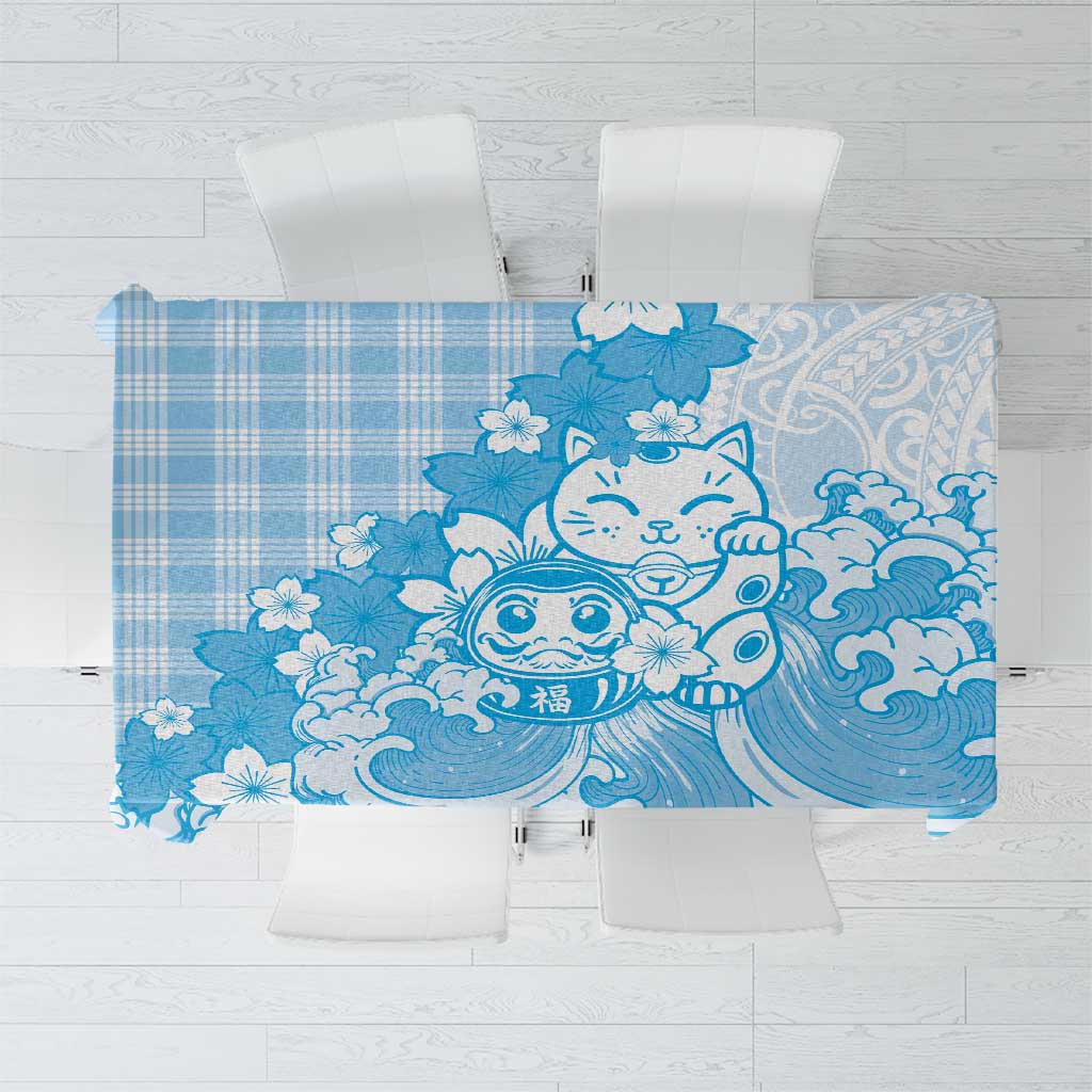 Blue Palaka Hawaiian And Japanese Tablecloth Maneki Neko And Sakura Bloom