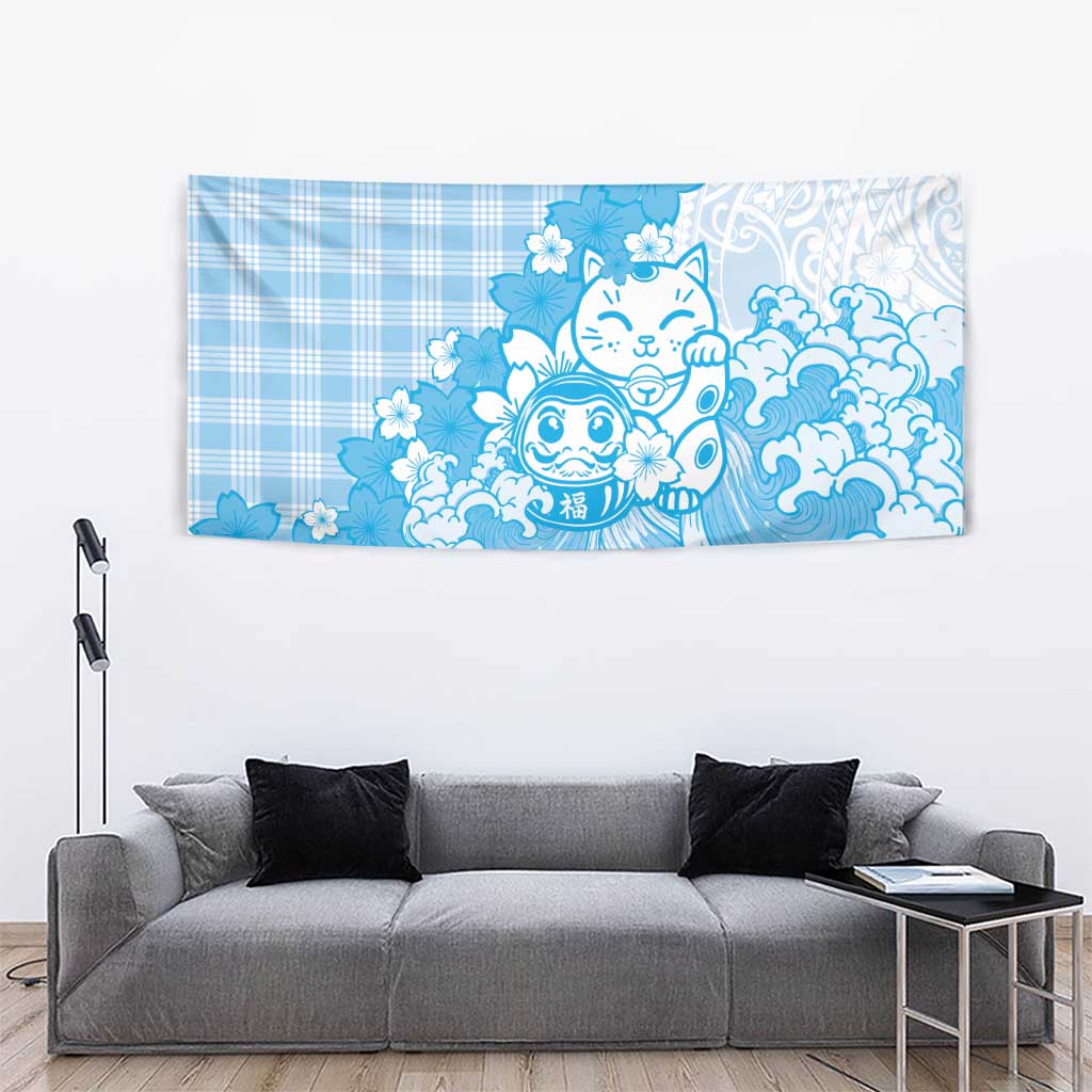 Blue Palaka Hawaiian And Japanese Tapestry Maneki Neko And Sakura Bloom