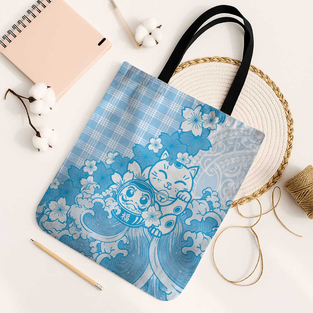 Blue Palaka Hawaiian And Japanese Tote Bag Maneki Neko And Sakura Bloom DT05 Black Strap One Size Blue - Polynesian Pride