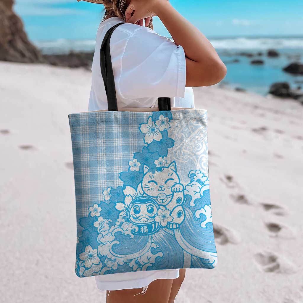 Blue Palaka Hawaiian And Japanese Tote Bag Maneki Neko And Sakura Bloom DT05 - Polynesian Pride