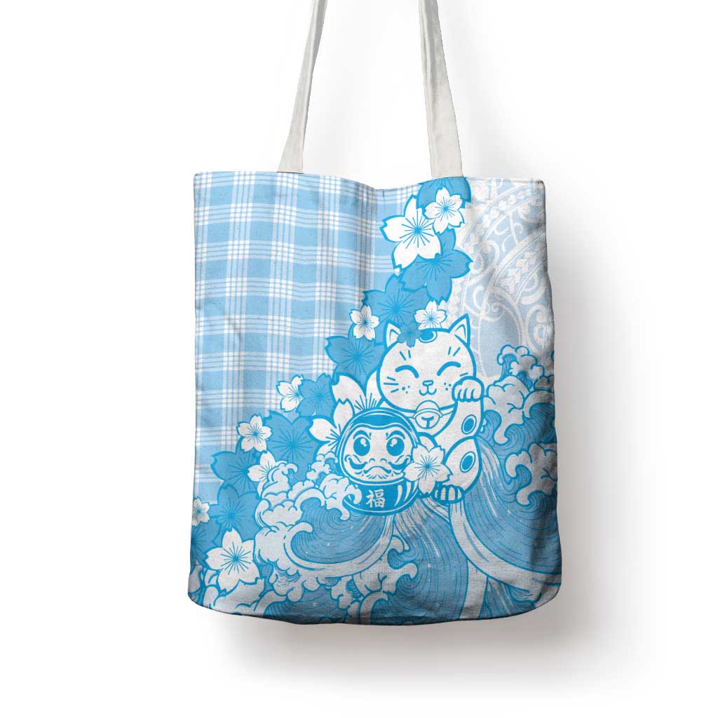 Blue Palaka Hawaiian And Japanese Tote Bag Maneki Neko And Sakura Bloom DT05 - Polynesian Pride