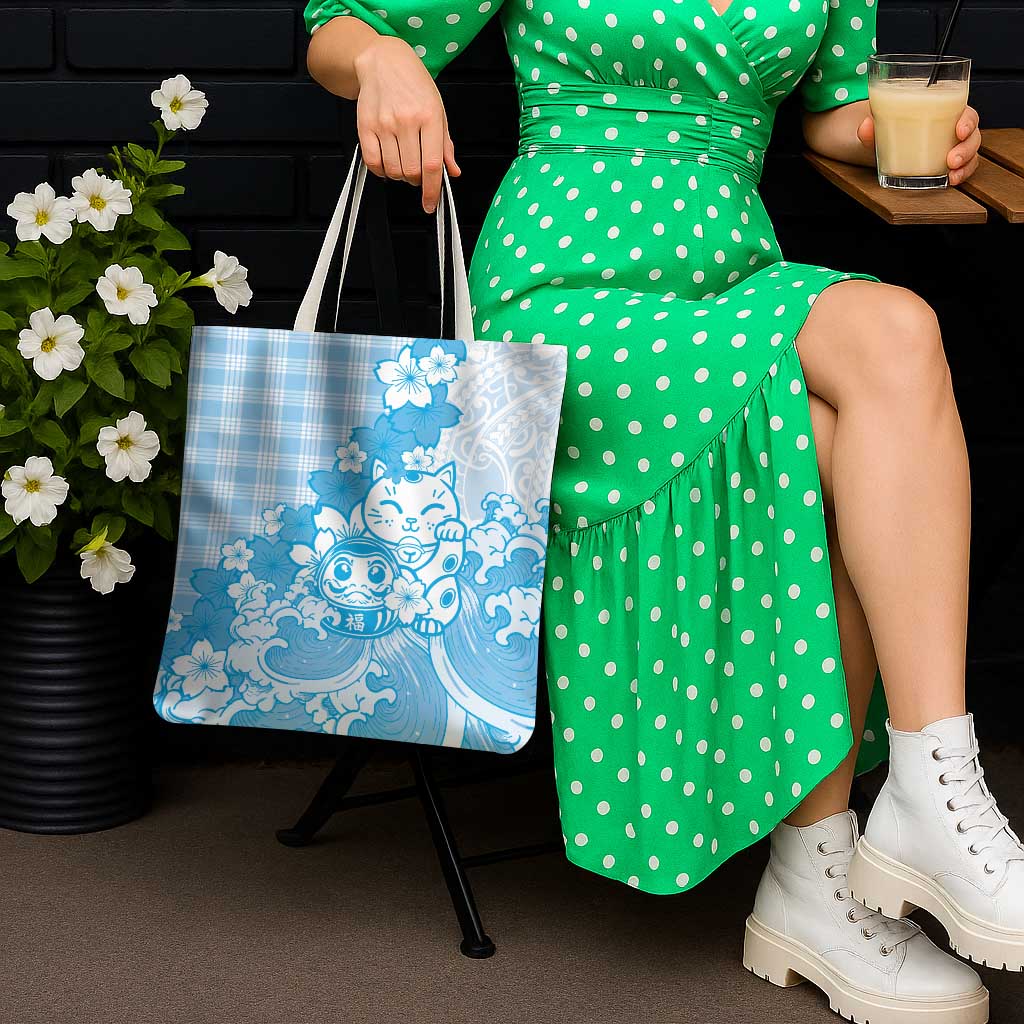 Blue Palaka Hawaiian And Japanese Tote Bag Maneki Neko And Sakura Bloom DT05 - Polynesian Pride