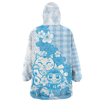 Blue Palaka Hawaiian And Japanese Wearable Blanket Hoodie Maneki Neko And Sakura Bloom