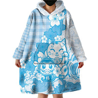 Blue Palaka Hawaiian And Japanese Wearable Blanket Hoodie Maneki Neko And Sakura Bloom