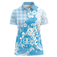 Blue Palaka Hawaiian And Japanese Women Polo Shirt Maneki Neko And Sakura Bloom